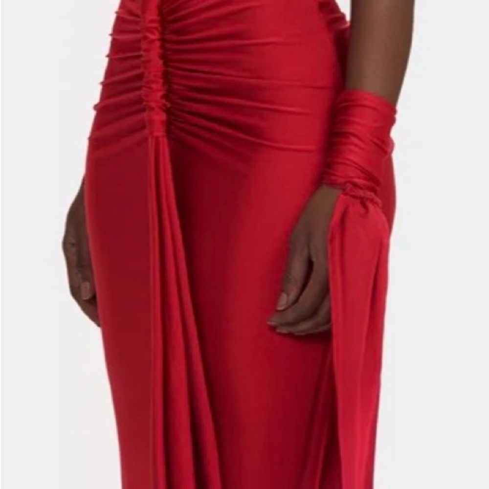 Red Maxi Skirt with Draped Ruched Detail
